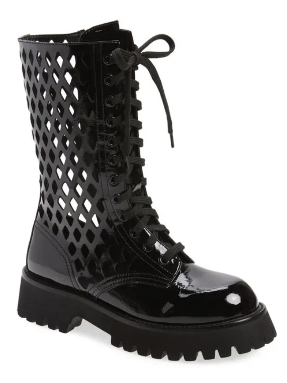 Jeffrey Campbell ‘Demode’
Netted Black Patent Cutout Lace-Up Combat Boots